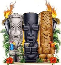 TikiGods Cartoon illustration of three Hawaiian Tiki God statues holding tropical drinks