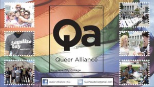 Logo of a rainbow flag with the letters Q-A on it and pictures of happy students in the boarders for Passadena City College's Queer Alliance