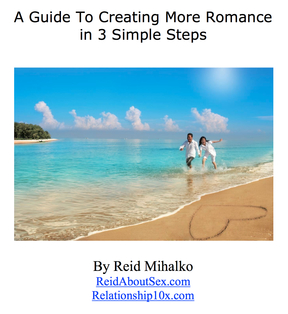 Cover photo for sex and relationship educator Reid Mihalko of ReidAboutSex.com's Free Romance Guide w a happy couple running on a sandy beach with a heart drawn in the sand