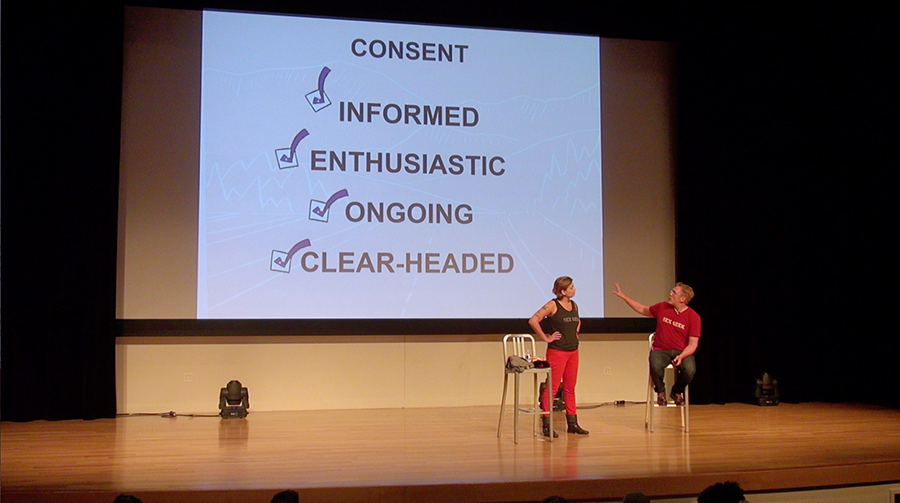Sex educators Reid Mihalko and Allison Moon giving a lecture on consent at the University of Houston