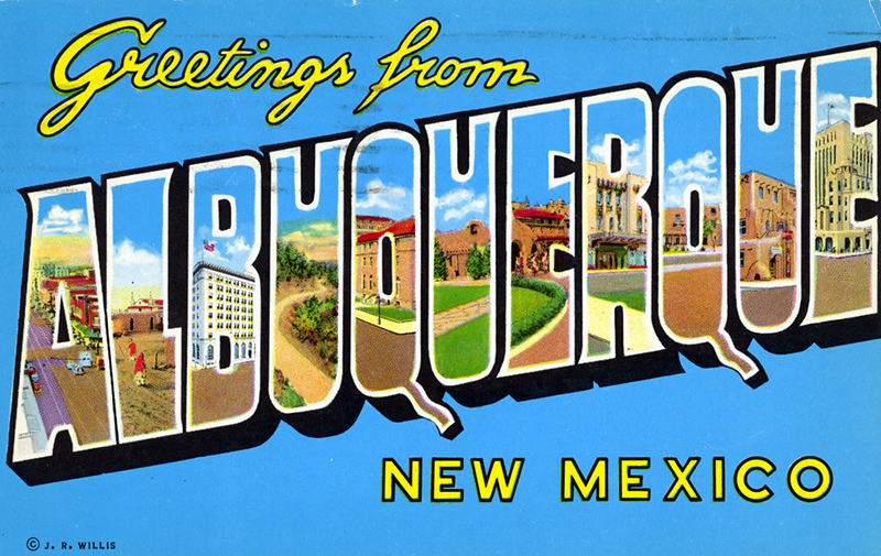 Antique postcard saying "Greetings from Albuequerque New Mexico" with the city name letters filled with images from that city