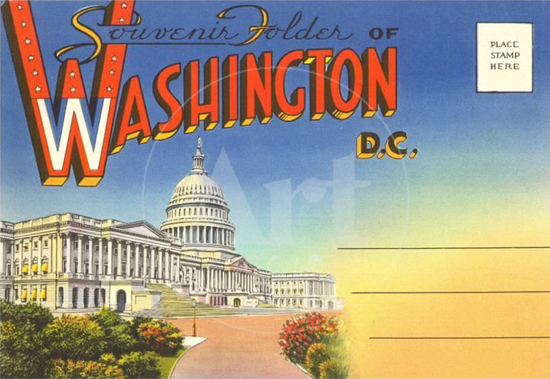 Old postcard image of Washington DC's Capitol Building with "Souvenier Folder of Washington DC" in text above it