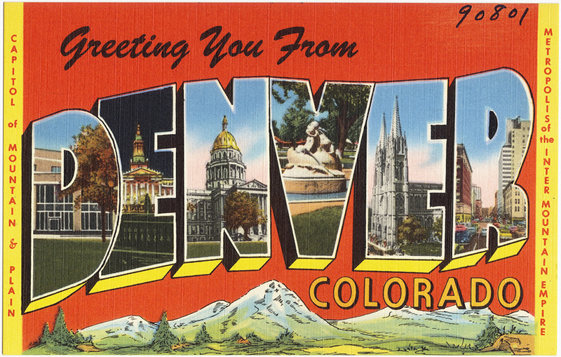 Postcard image with the words "Greetings from Denver, Colorado" in a font that contains illustrations of the city inside the city name
