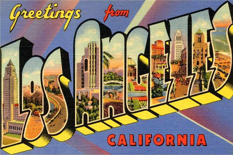 Classic postcard jpg of "Greetings from Los Angeles California" postcard with illustrations of the city of Los Angeles appearing inside each of the letters spelling Los Angeles.