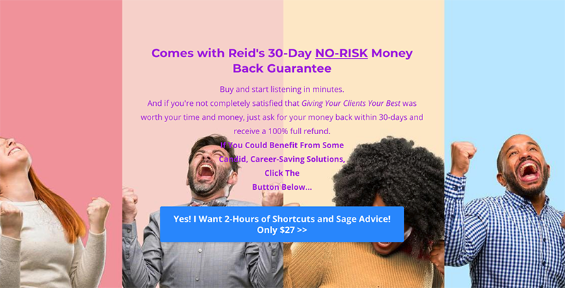 Graphic of Giving Your Clients Your Best 30-day money back product guarantee with the backdrop of cheering men and women against a striped background 
