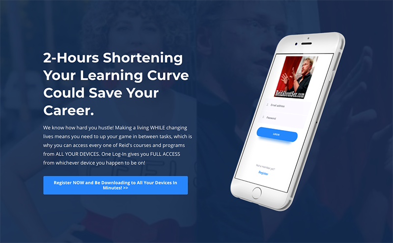 Blue graphic with a white iPhone and text saying "2_hour shortening your learning curve could save your career," and a blue buy button saying "Register now an dbe downloading to all your devices in minutes!" 