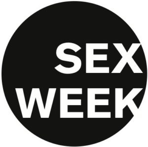 logo for Yale University's Sex Week at Yale which is a black circle with "SEX WEEK" in all caps in white inside the circle with the lowwer leg of the letter K breaking out of the circle