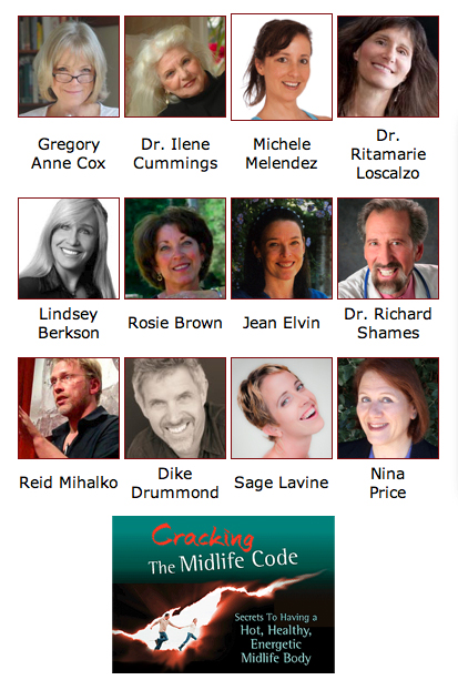 Thumbnail photos of the twelve experts participating in Cracking The Midlife Code online retreat: Reid Mihalko, Gregory Anne Cox, Dr. Ilene Cummings, Michele Melendez, Dr. Ritamarie Loscalzo, Lindsey Berkson, Rosie Brown, Jean Elvin, Dr. Richard Shames, Kide Drummond, Sage Lavine, Nina Price