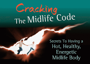 a smiling couple runs hand in hand in a chasm or crack full of light with Cracking the Midlife Code in text above them