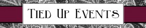 Tied Up Events dot com website logo which consists of black and white text in a fancy font against a white and purple background with art nouveau details 