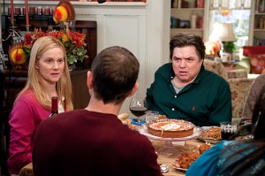 An awkward Thanksgiving meal scene in Showtime's The Big C with Laura Linney and Oliver Platt making faces