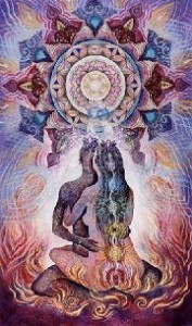 artwork of a couple sitting in Yab-Yum with a colorful mandala floating above their heads