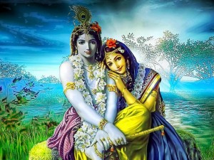 Illustration of Krishna and his beloved in a romantic pose with a brilliant landscape in the distance