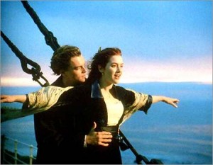 Leonardo DiCaprio and Kate Winslet in the "I'm king of the world" moment from the movie Titanic