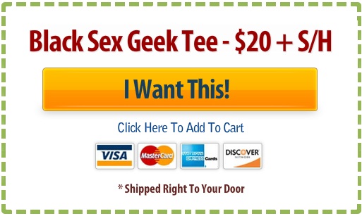 Buy button with credit card images for Reid Mihalko's Sex Geek tee - black tee
