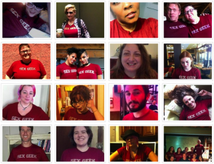 Thumbnails of a diverse group of people wearing the cranberry colored SEX GEEK tee-shirt from from sex and relationship expert Reid Mihalko's Facebook album