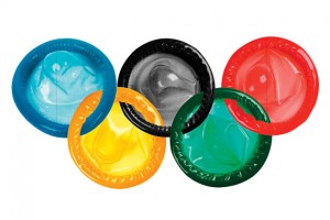 Multi-colored condoms in the shape of the Olympics symbol