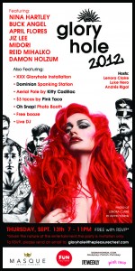 Post for Los Angeles' The Pleasure Chest's 41st birthday celebration featuring a red headed woman with men behind her and the names of the performers and sponsors