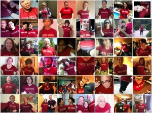 42-picture collage of various people each wearing ReidAboutSex.com's maroon SEX GEEK teeshirt