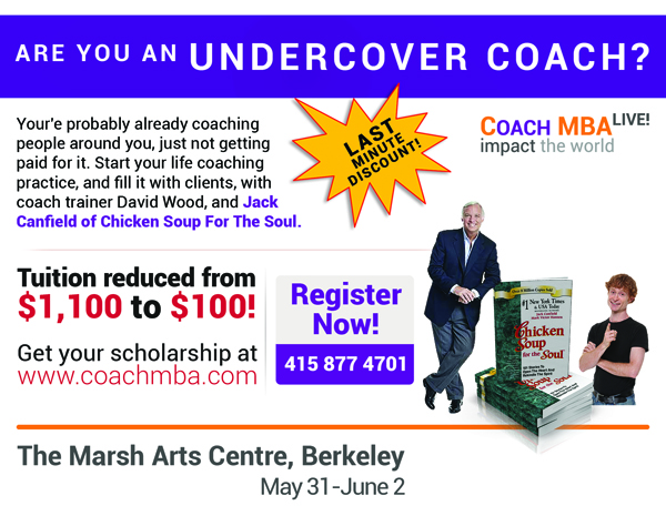 Flyer for David Wood's CoachMBA LIVE 2013 event featuring Jack Canfield and Reid Mihalko