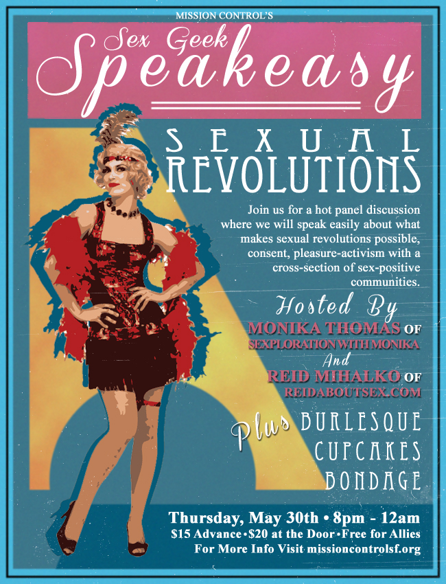 Promotional flyer for Reid Mihalko and Monika Thomas' Sex Geek Speakeasy event featuring an artistic rendition of a 1920's dancer along side the flyer's promotional text 