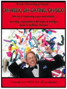 Brock University promotional flyer for Reid Mihalko's sex education lectures featuring Reid wearing a tux lying on a pile of sex toys with promotional text on the top and bottom of flyer
