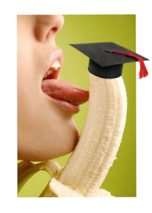 Picture of a woman licking a peeled banana that's wearing a graduation cap with a red tassel to promote sex and relationship educator Reid Mihalko's Blowjob Grad School workshop