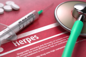 Herpes. Medical Concept on Red Background.