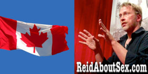Canadian flag waving against the blue sky next to sex and relationship educator Reid Mihalko of ReidAboutSex.com 