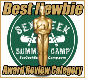 Image of an Oscar statue with a Sex Geek Summer Camp logo in the background with the text "Best Newbie Award Review Category" in gold across the front