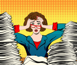 stressed woman. stressed worker. businesswoman in panic. a young girl sits at his Desk and holds her hands on her head. pop art vector illustration. Paper Work. Stressed person concept