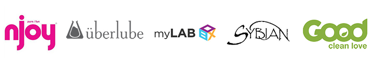 Sex Geek Summer Camp sponsor logos for the 2016 Camp Sponsor Companies: Njoy Toys, Uberlube, my LAB Box, Sybian, and Good Clean Love