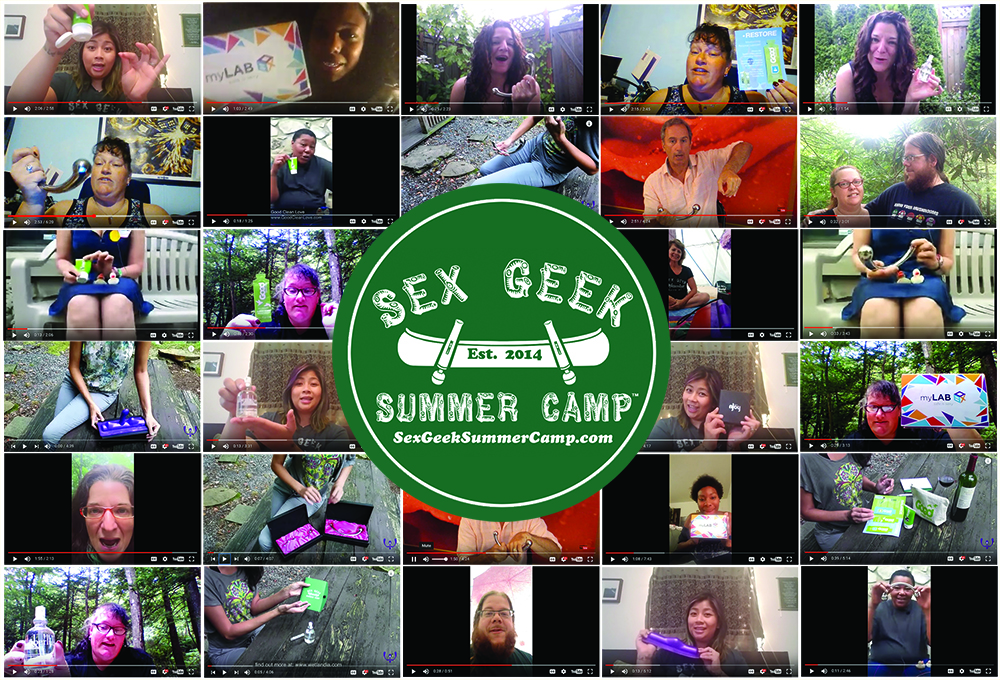 Montage image of all the YouTube video players for Sex Geek Summer Camp's sex toy video review contest with the camp's circular logo in the middle over top it all