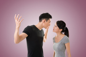 Asian couple argue, closeup portrait with two people.