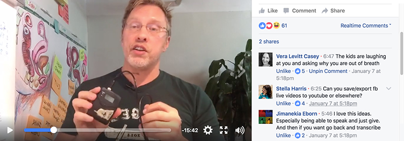 Screen capture image of sex and relationship educator Reid Mihalko of ReidAboutSex.com doing a Facebook Live broadcast with follower comments to the side