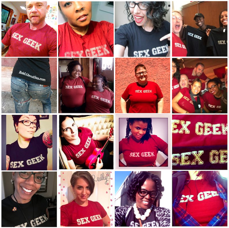 Montage of pictures of people wearing sex and relationship educator Reid Mihalko of ReidAboutSex.com's Sex Geek tshirts. 