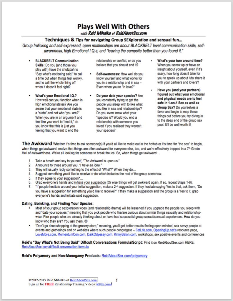 Thumbnail image of sex and relationship expert Reid Mihalko of ReidAboutSex.com's handout for his Plays Well with Others workshop