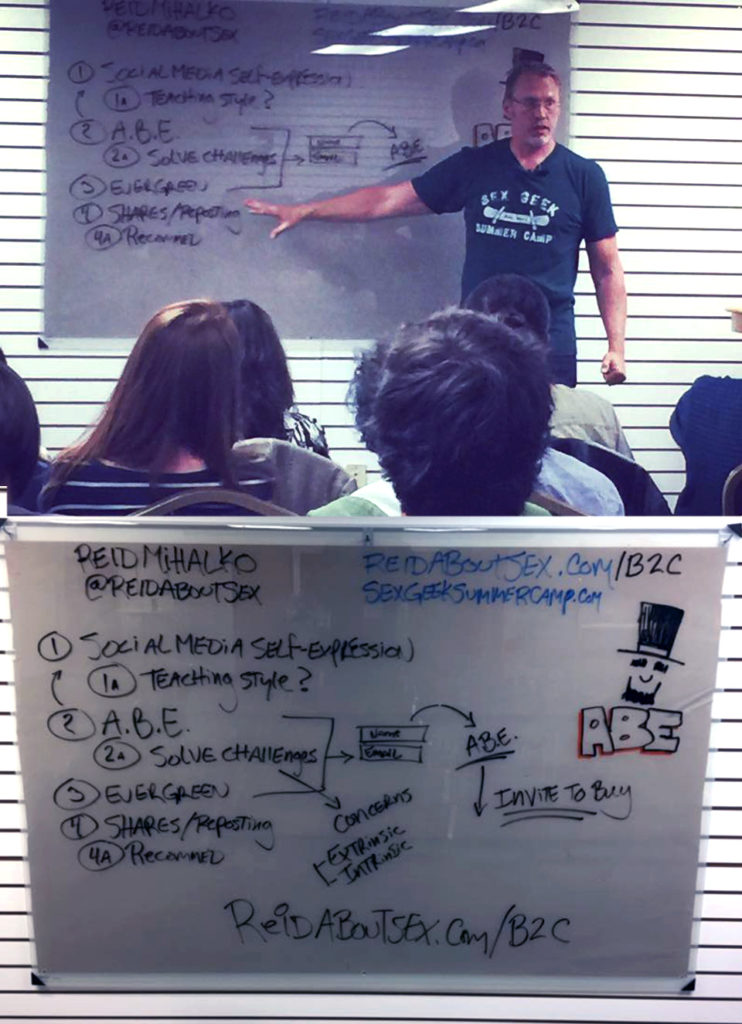 Sex and relationship educator Reid Mihalko of ReidAboutSex.com wearing a green Sex Geek Summer Camp t-shirt, standing in front of a glass dry erase board, teaching his A.B.E. business model advice which stands for "Always Be Educating"