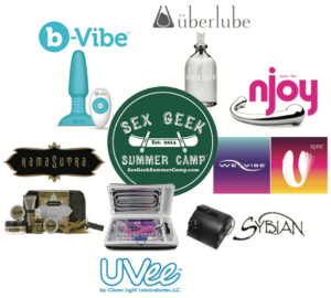 Sex Geek Summer Camp logo surrounded by 2017's Camp sponsors Njoy, Uberlube, Bvibe, Kama Sutra, UVee, Sybian, and We-Vibe products and their logos