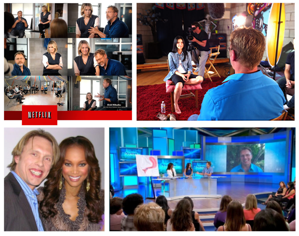 Photo montage of sex and relationship expert Reid Mihalko from appearances on various TV shows with Chelsea Handler on NETFLIX, Lisa Ling from OWN's Our America, Tyra Banks, and CBS' The Doctors