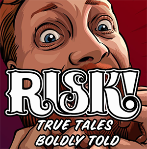 Kevin Allison's RISK! podcast logo of "Risk! True Tales Boldly Told" in white letters with Kevin Allison's scared face and wide eyes illustrated in a cartoony way in the background