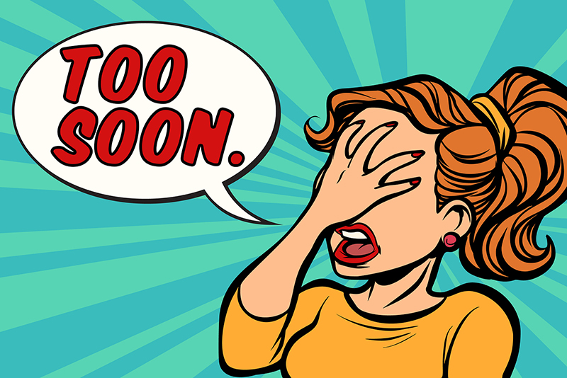 woman facepalm gesture with a word balloon saying "Too Soon" in red comic book text. Comic cartoons pop art retro vector comic book cartoon illustration