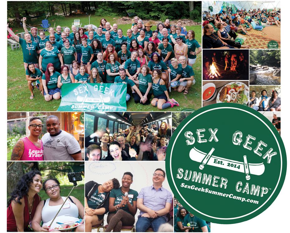 Collage of images from Sex Geek Summer Camp with happy sex educators. A camp group photo of 60+ campers wearing camp's green tshirts with a logo of a canoe with Hitachi magic wands for oars and "Sex Geek Summer Camp" in log shaped font with SexGeekSummerCamp.com on the bottom. Campers taking selfies, giving talks, learning in a big group environment, delicious food, a creek, and someone roasting marshmallows over a campfire.