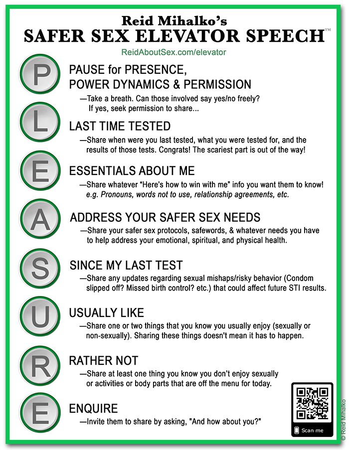 Graphic of Reid Mihalko's Safer Sex Elevator Speech P.L.E.A.S.U.R.E. acronym spelled out in circular elevator buttons with a letter of the aplphabet in each, running vertically down the left side, and the explanation in text next to it for what the letter stands for, along with a short explanation of each. P is for Pause for Presence, Power Dynamics & Permission–Take a breath. Can those involved say yes/no freely? If yes, seek permission to share... L is for Last time Tested–Share when were you last tested, what you were tested for, and the  results of those tests. Congrats! The scariest part is out of the way! E is for Essentials About Me–Share whatever “Here”™s how to win with me” info you want them to know! e.g. Pronouns, words not to use, relationship aggrements, etc. A is for Address Your Safer Sex Needs–Share your safer sex protocols, safewords, & whatever needs you have to help address your emotional, spiritual, and physical health. S is for Since My Last Test–Share any updates regarding sexual mishaps/risky behavior (Condom  slipped off? Missed birth control? etc.) that could affect future STI results. U is for Usually Like–Share one or two things that you know you usually enjoy (sexually or non-sexually). Sharing these things doesn't mean it has to happen. R is for Rather Not–Share at least one thing you know you don”™t enjoy sexually or activities or  body parts that are off the menu for you today. E is for Enquire–Invite them to share by asking, "And how about you?" In the bottom right hand corner is a QR code that says "scan me" at the bottom which directs to ReidAboutSex.com/elevator