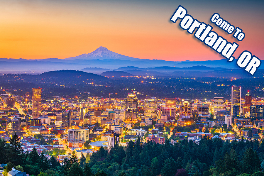 Portland, Oregon, USA skyline at dusk with Mt. Hood in the distance and "Come To Portland, OR" in white letters in the corner