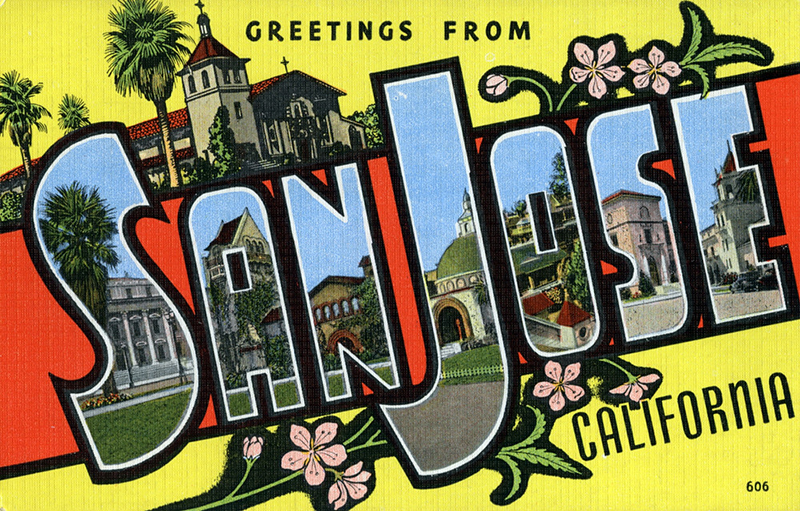 Postcard image with "Greetings from San Jose, California" across it with the letters in the city name containing images from that city