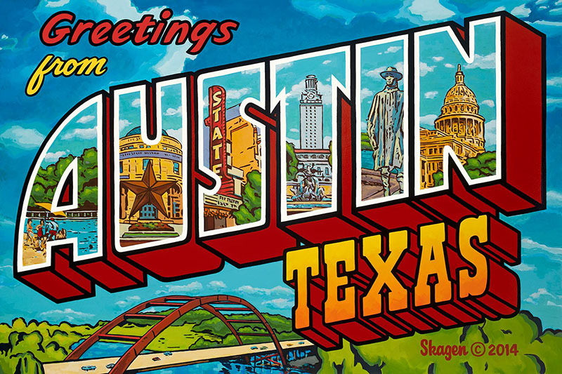 Postcard image with the words Greetings from Austin Texas in a font that contains illustrations of the city inside the city name