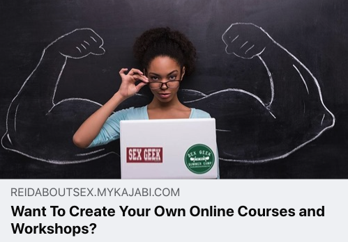 Image of a young, black woman wearing nerdy glasses, standing against a blackboard, holding an open laptop with sex geeky stickers on it. Drawn in chalk on the blackboard behind her: big muscular arms flexing their biceps.