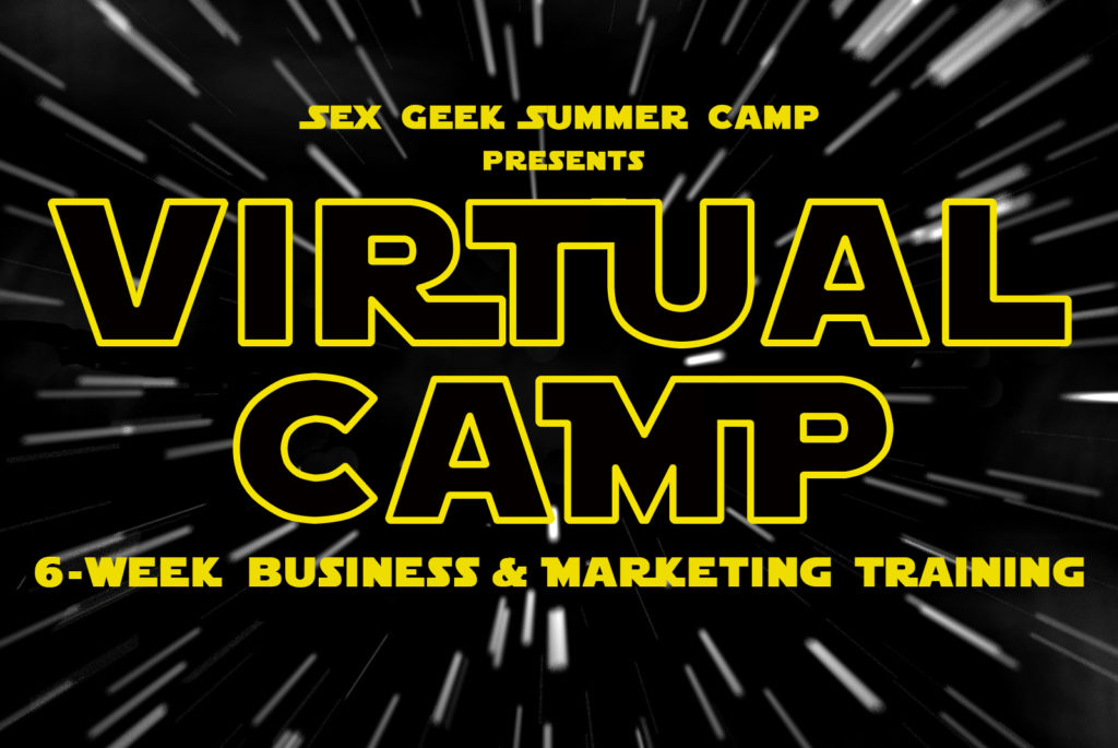 Logo for Reid Mihalko's Virtual Camp 6-week online business and marketing course in the style of the Star Wars poster with the words "Virtual Camp" in the Star Wars font outlined in yellow against a black background with "warp-drive" blurred white star streaks and the text "Sex Geek Summer Camp Presents" ( VIRTUAL CAMP) "6-week business and marketing training" in solid yellow letters above and below the Star Wars letters