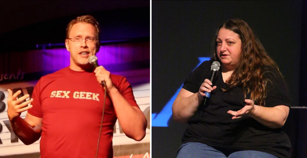 Side by side images of Reid Mihalko and Cathy Vartuli speaking on stage holding microphones
